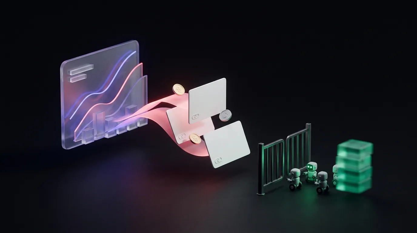 A simple scene showing analytics cards, money links, and a gate blocking tiny robots before the numbers.