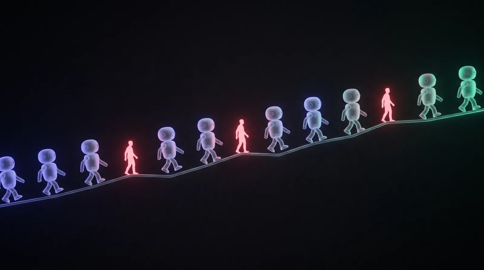 A crowd of identical robot silhouettes mixed into a line chart of website visitors