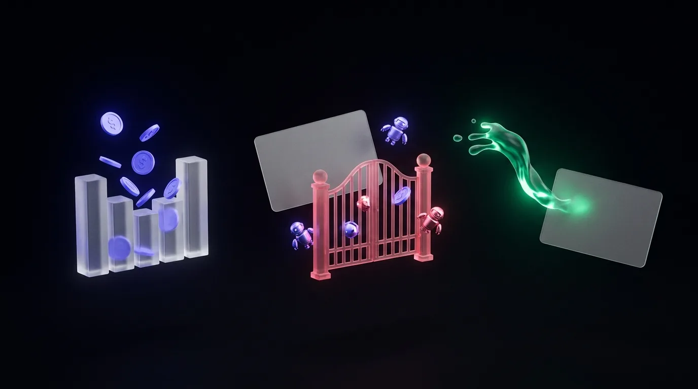 A comparison scene with a dashboard, blocked bots, and revenue flowing to the right.