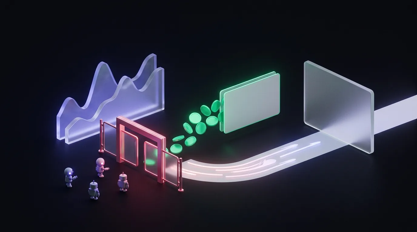 A comparison scene showing bot traffic stopped at a gate on one side and clean revenue flowing into an analytics card on the other.