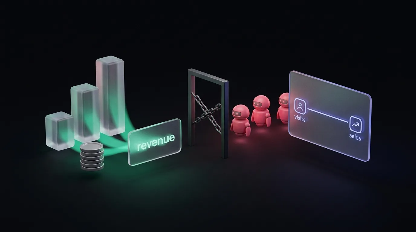 A visual metaphor showing traffic flowing through a gate into revenue, with bots blocked away from the dashboard.