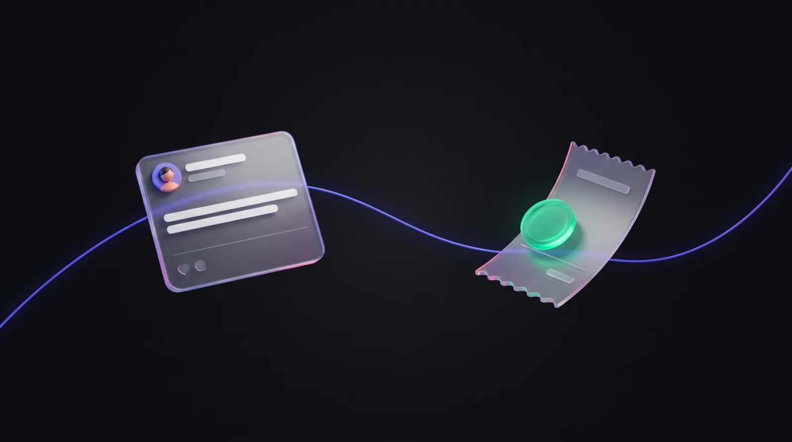 A social post card connected by a glowing line to a payment receipt