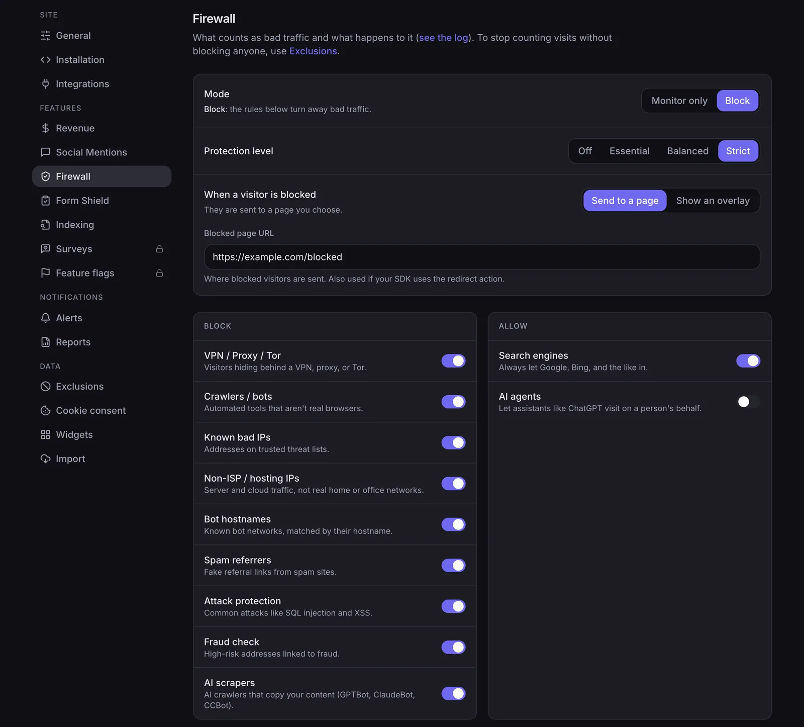 The NoirTrack firewall settings showing monitoring and blocking options, protection level, and rule toggles.