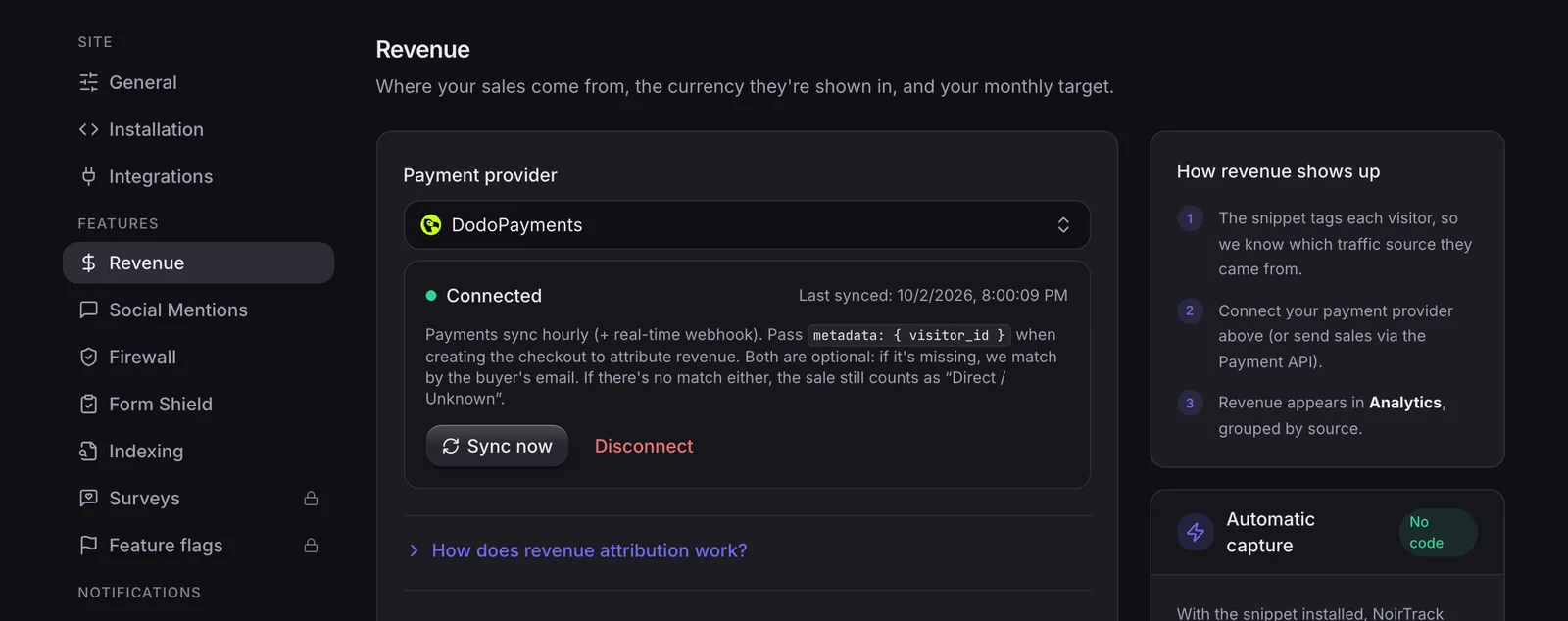 The revenue settings screen shows how NoirTrack connects a payment provider, which is the key feature in the comparison table.