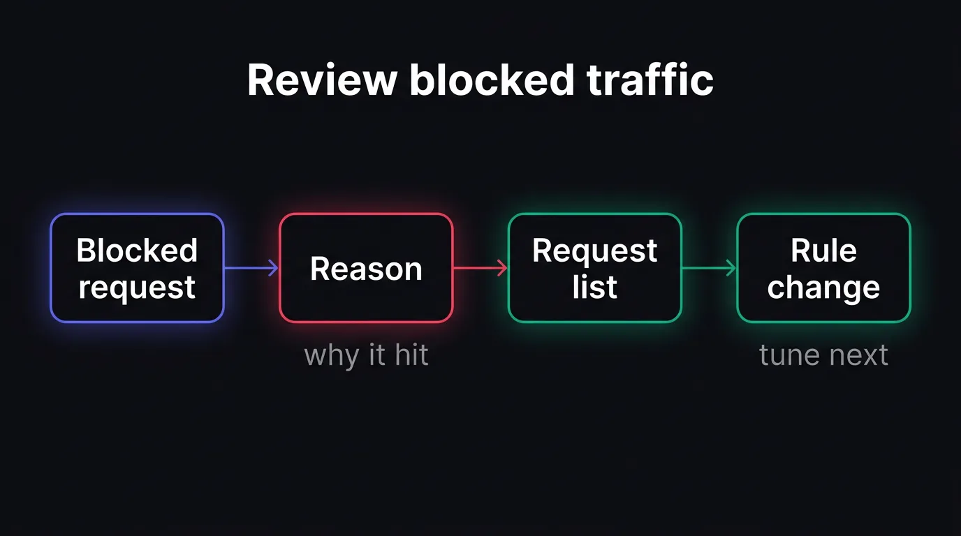 A simple flow that shows how to inspect blocked requests, read the reason, and tune the firewall rules.