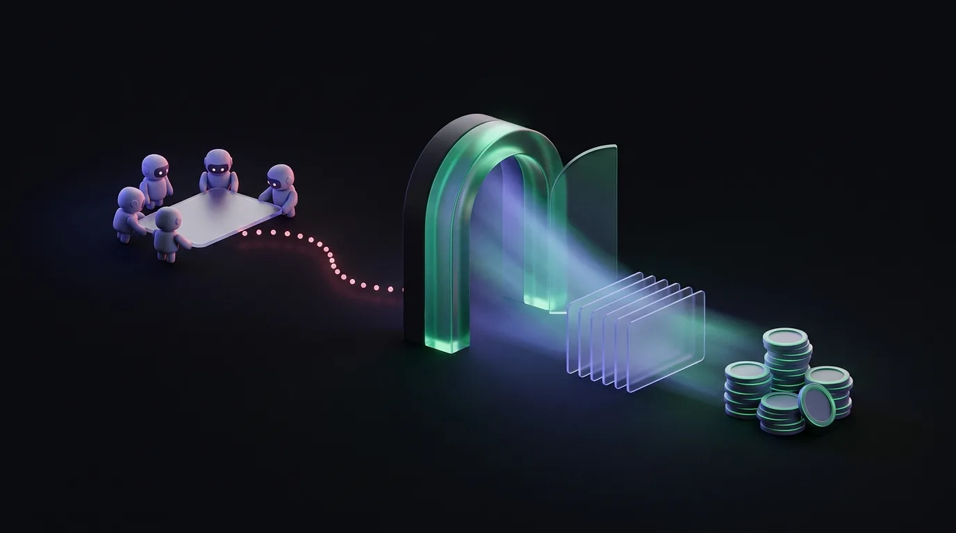 Small robots are stopped at a gate before they can reach clean signup cards and revenue coins.