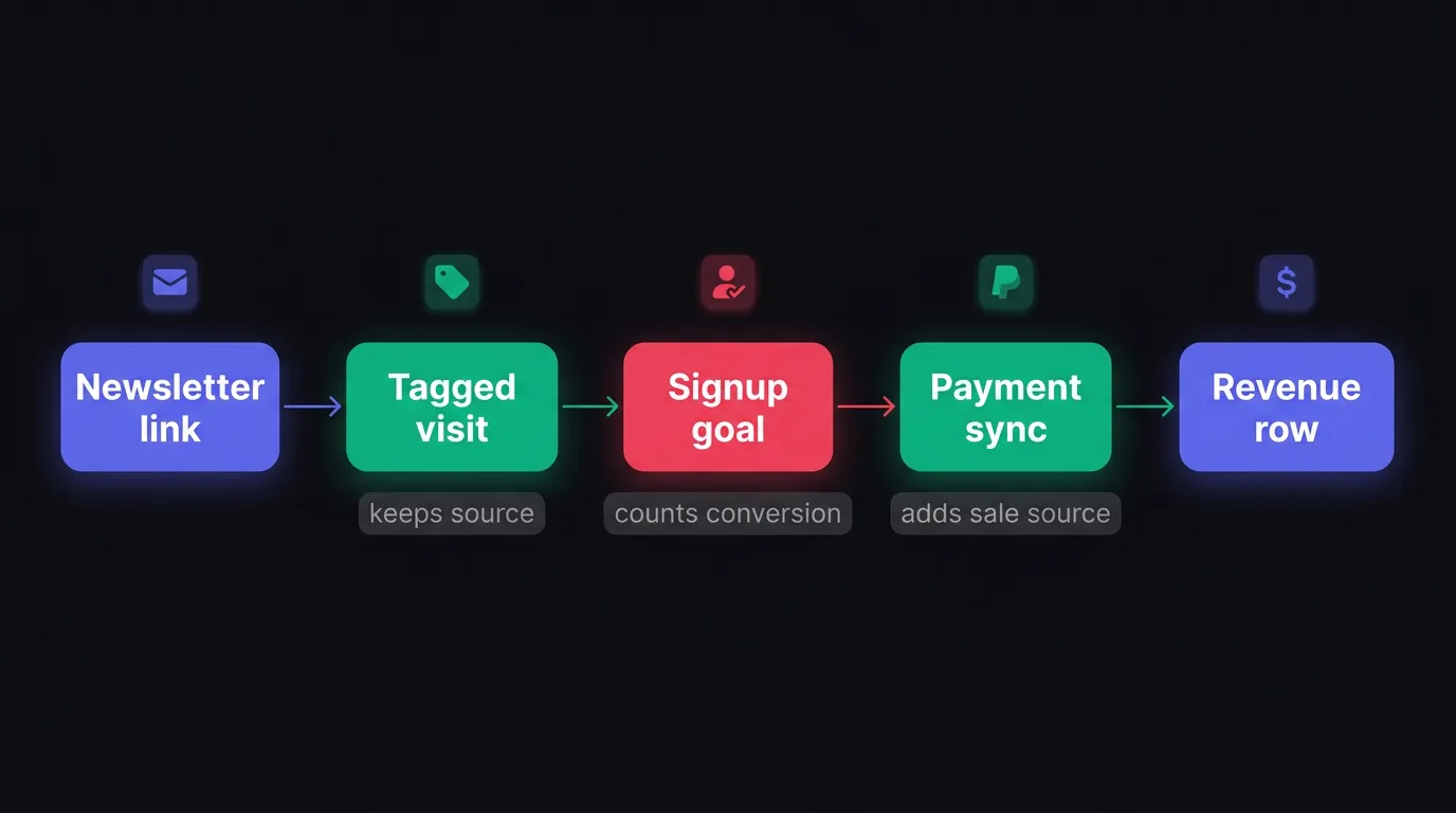 A flow showing how one newsletter click becomes a tracked signup and then an attributed sale.
