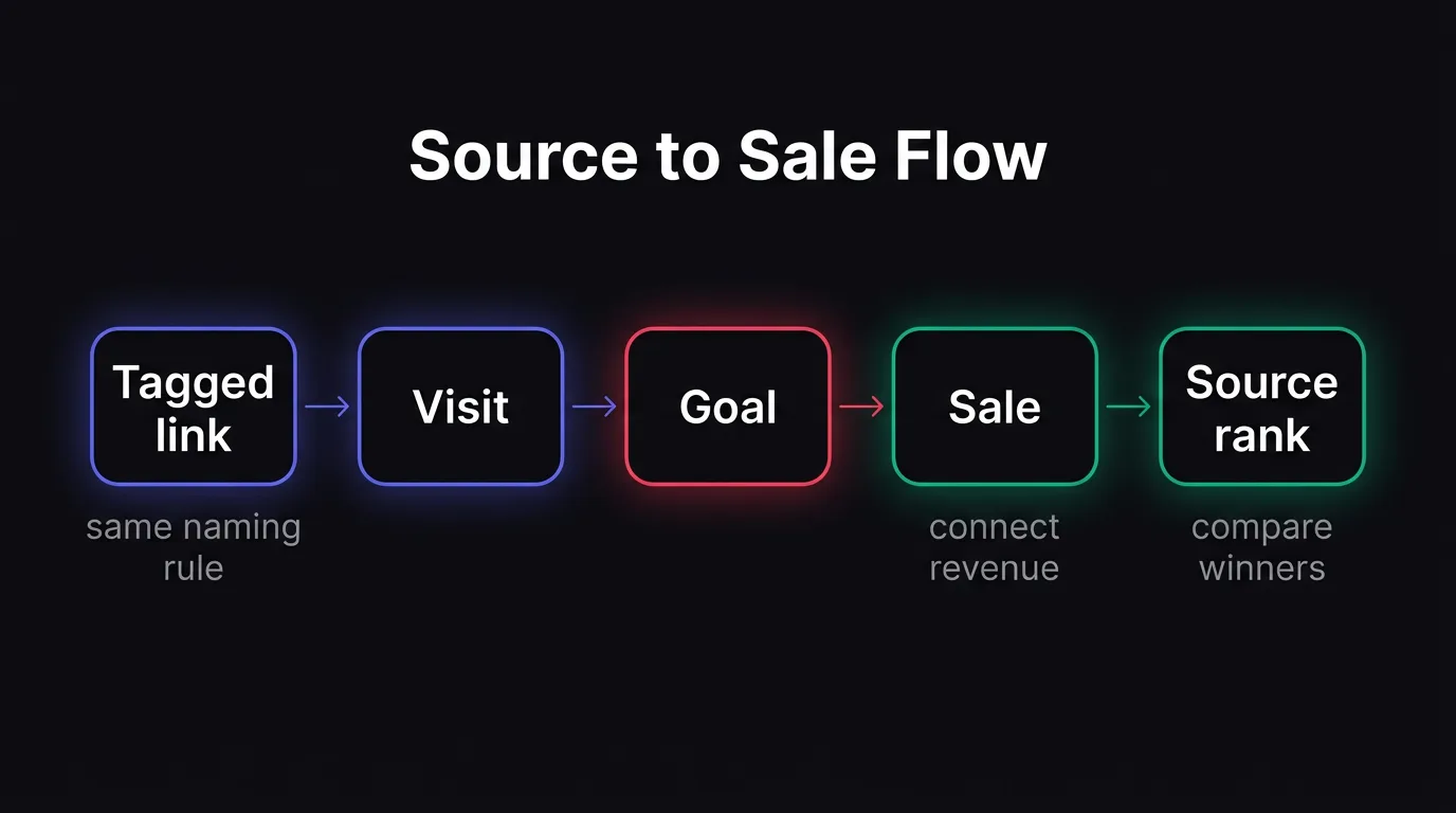 A flow that shows how a tagged referral becomes a tracked visit, goal, sale, and ranked source.