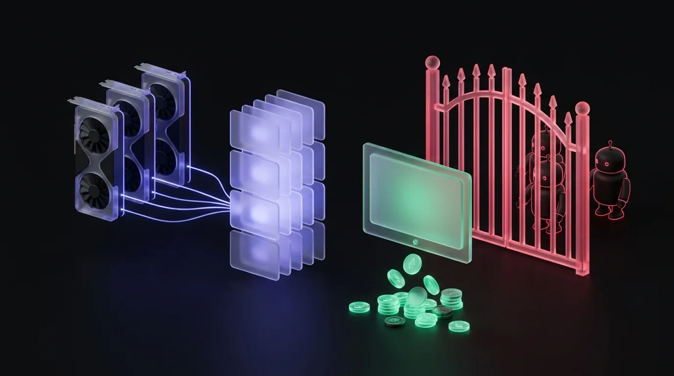 A visual metaphor showing YouTube videos feeding revenue cards, with blocked bots kept away from the numbers.